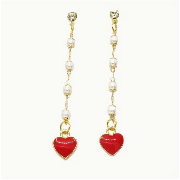 Jewelry - Betsey Johnson Red Enamel Heart Dangle Earrings Gold Tone